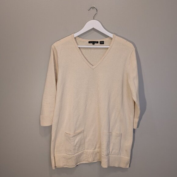 Jeanne Pierre Sweater Cream Pullover 100% Cotton V-Neck Pockets - Size XL - Picture 1 of 7